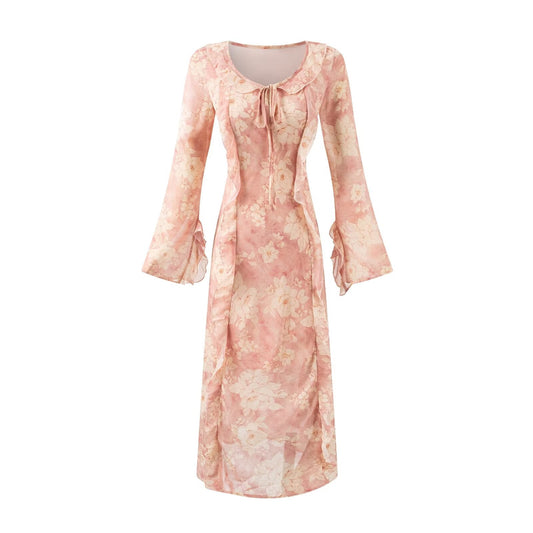 Women Bell Sleeve Mid Length Long Sleeve Printed Dress