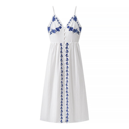 Women Clothing Fall Vacation Embroidered Strap Mid Length Dress