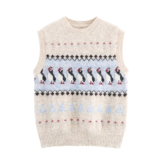 Women Clothing Autumn Korean Outerwear Bandage Floral Decorations round Neck Knitted Vest Top