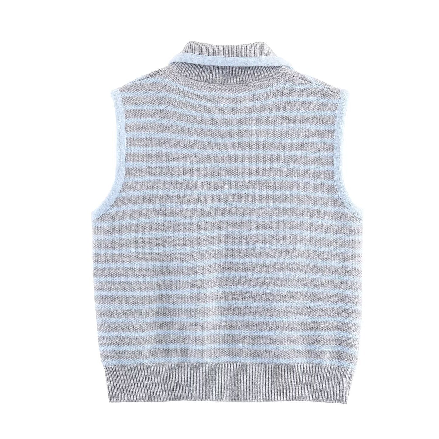 Women Clothing Fall Fresh Age Reducing Stripe Decoration Collared Short Vest