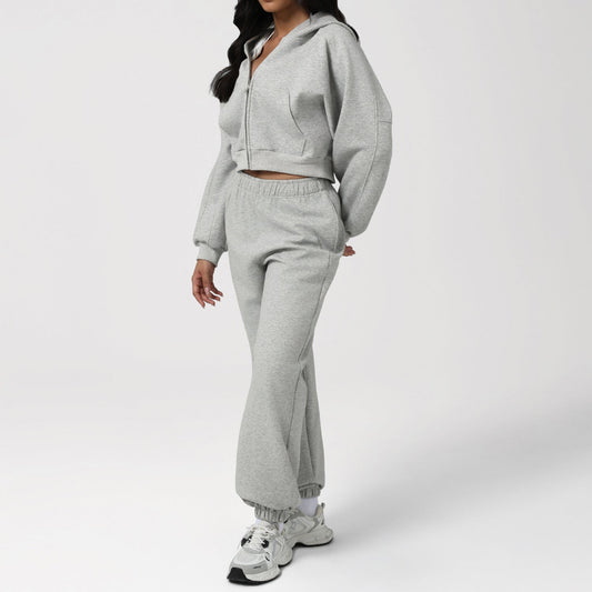 Autumn Winter Loose Slimming Track Sweatpants Women Thickened Hooded Zipper Sweatshirt Coat Casual Two Piece Set
