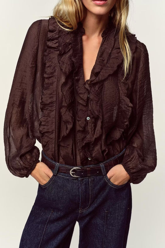 Women Clothing Autumn Laminated Decoration Long Sleeve Shirt