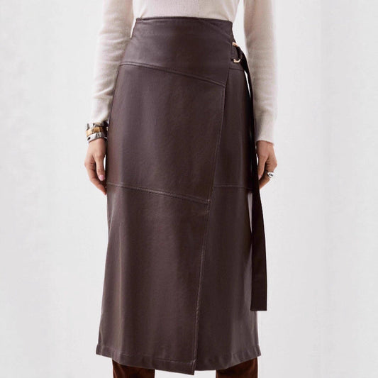 Faux Leather Elegant Irregular Asymmetric Slit Belt Adjustable A line Skirt