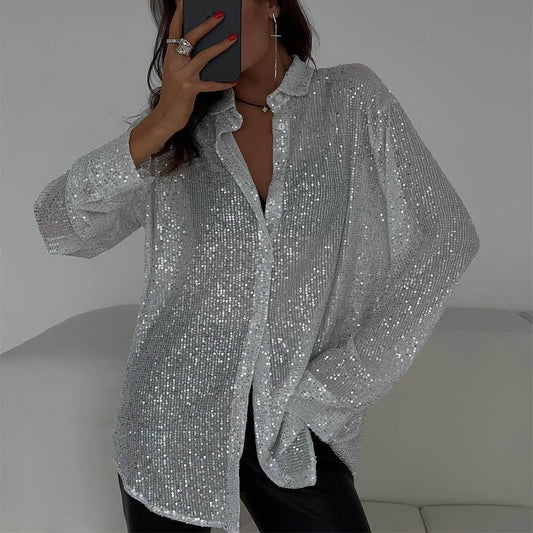 Spring Summer Sequin Top Collared Long Sleeve Cardigan Basic Women Clothing