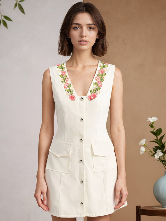 Gold White Single Breasted Sleeveless Vest Dress Elegant Socialite Waist Tight Embroidered Dress Women