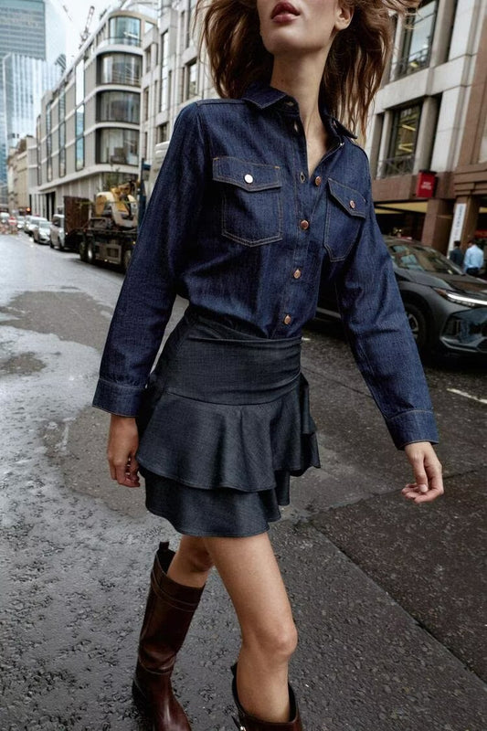 Sexy Antique Dark Blue Denim Shirt Women Autumn Polo Collar Loose Single Breasted Long Sleeve Top