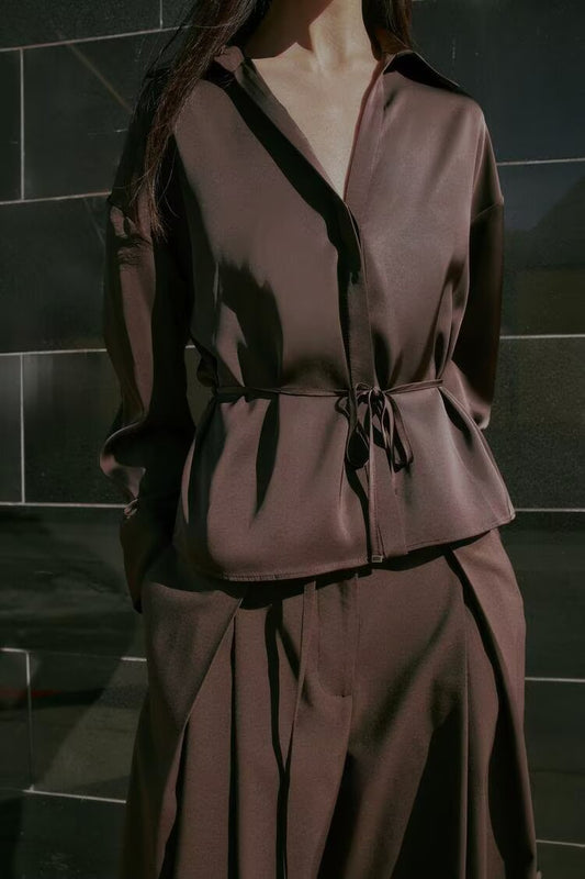 Women Clothing Summer All Matching with Belt Silk Satin Textured Shirt