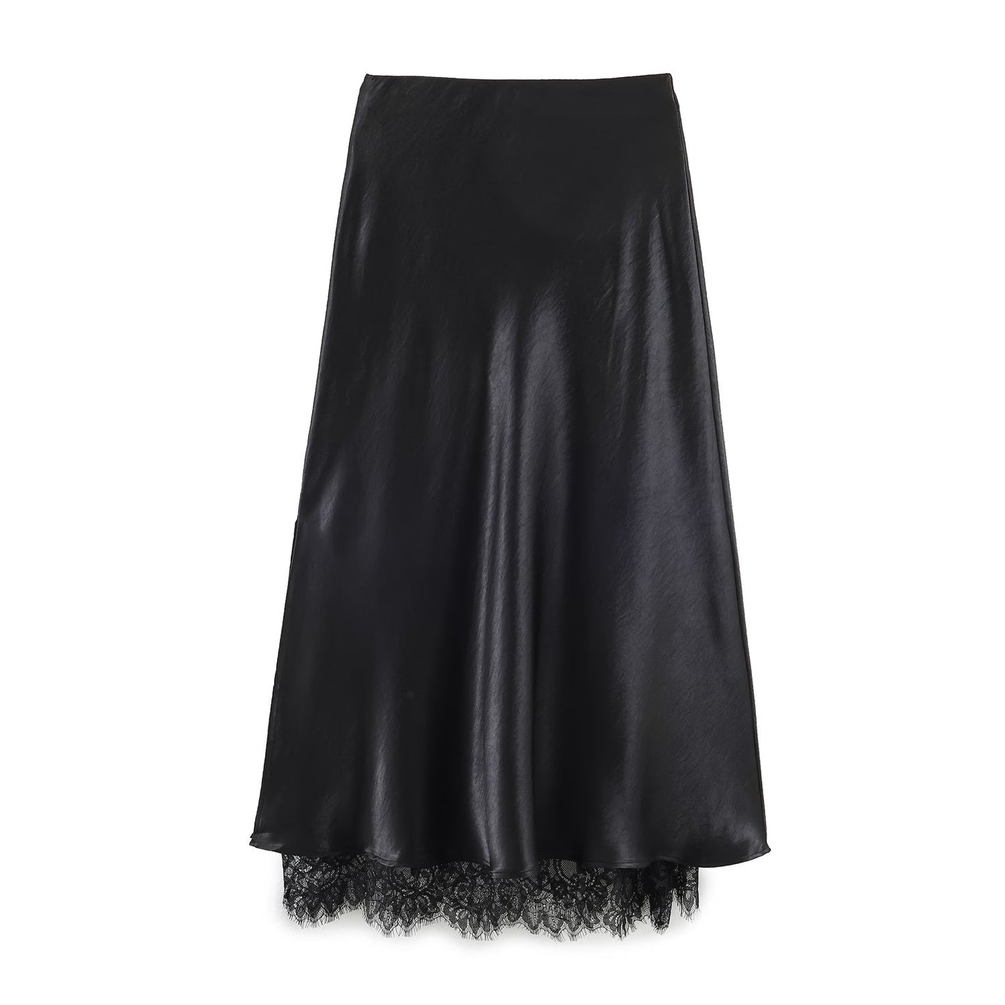 Satin Acetate Lace Patchwork Slit Skirt Long Skirt
