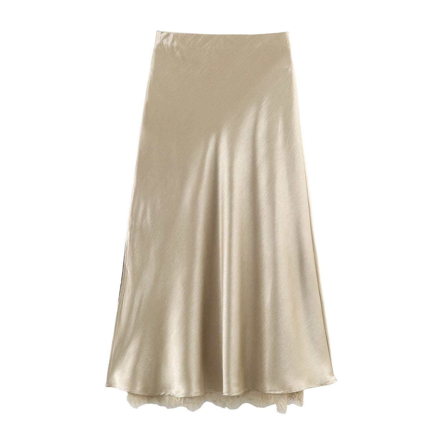 Satin Acetate Lace Patchwork Slit Skirt Long Skirt