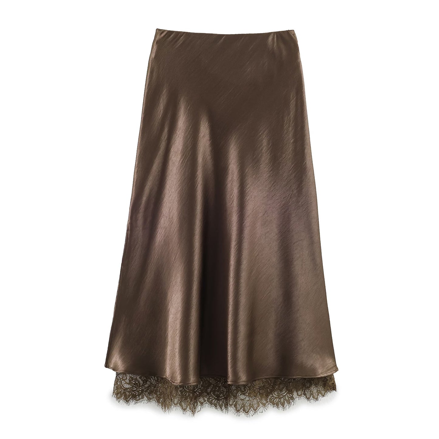 Satin Acetate Lace Patchwork Slit Skirt Long Skirt