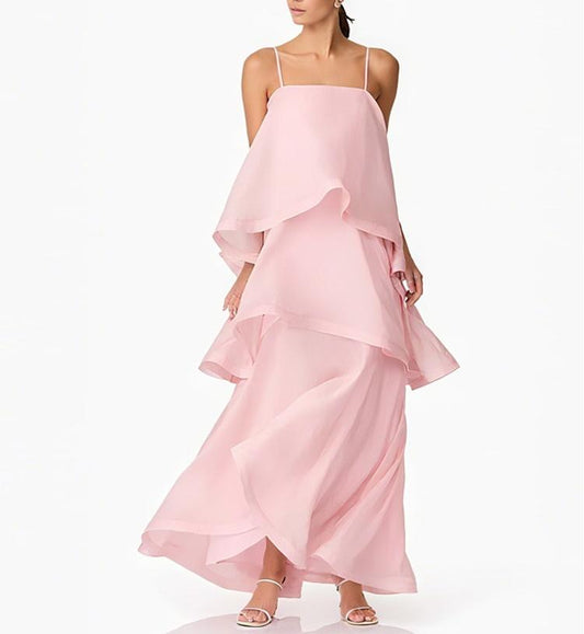 Fashionable Elegant Pink Multi Layer Wave Ruffled Spaghetti Straps Dress
