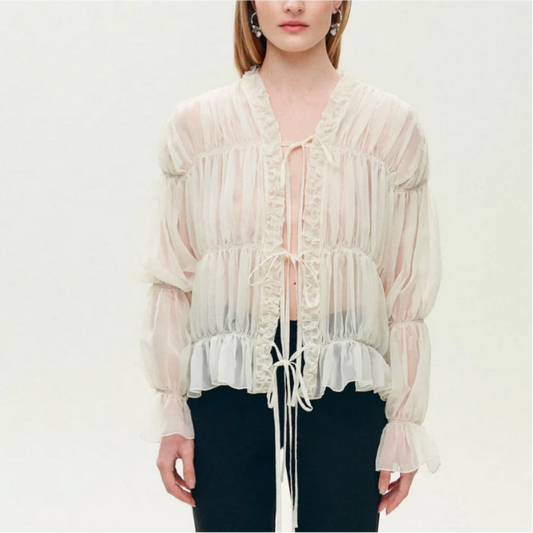 Gentle Pleated Lace up Chiffon Shirt Women Spring Loose Long Sleeve V neck Ruffled Chic Top