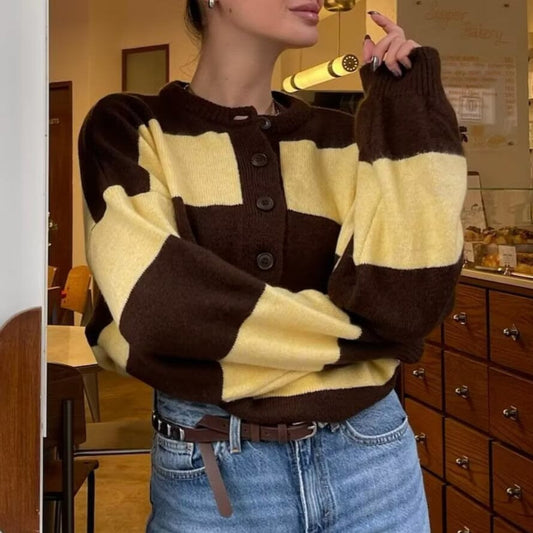 Spring Casual Loose round Neck Pullover Stripe Knitwear