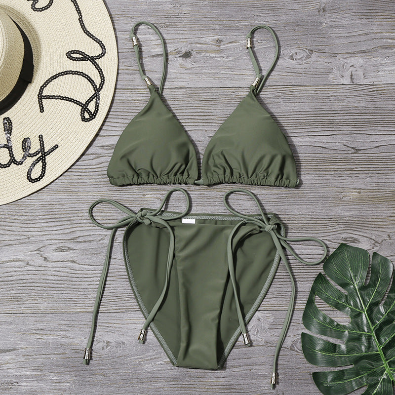 Split Swimsuit Women Solid Color Sexy Bandage Bikini Bikini