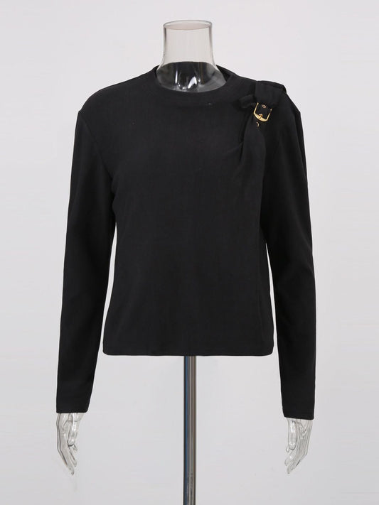 Elegant Top Epaulet Design Bottoming Black T shirt Women