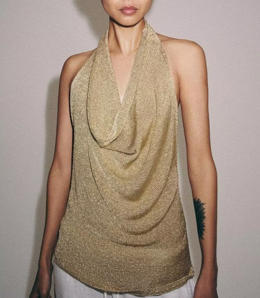 Women Clothing Summer Sexy Metal Color Line Hanging Collar Top