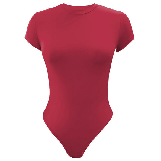 Solid Color Bottoming WomenClothing Basic Casual Short Sleeve round Neck Tight Bodysuit Summer