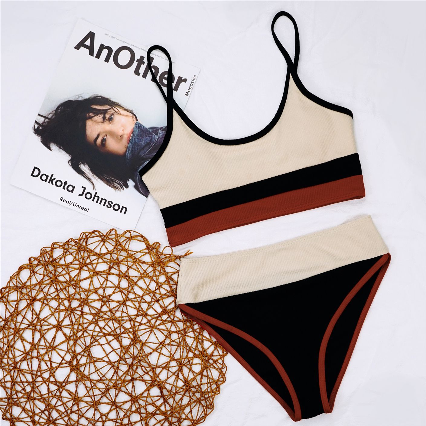 Women Split Swimsuit Rib Fabric Stitching Sexy High Waist Bikini