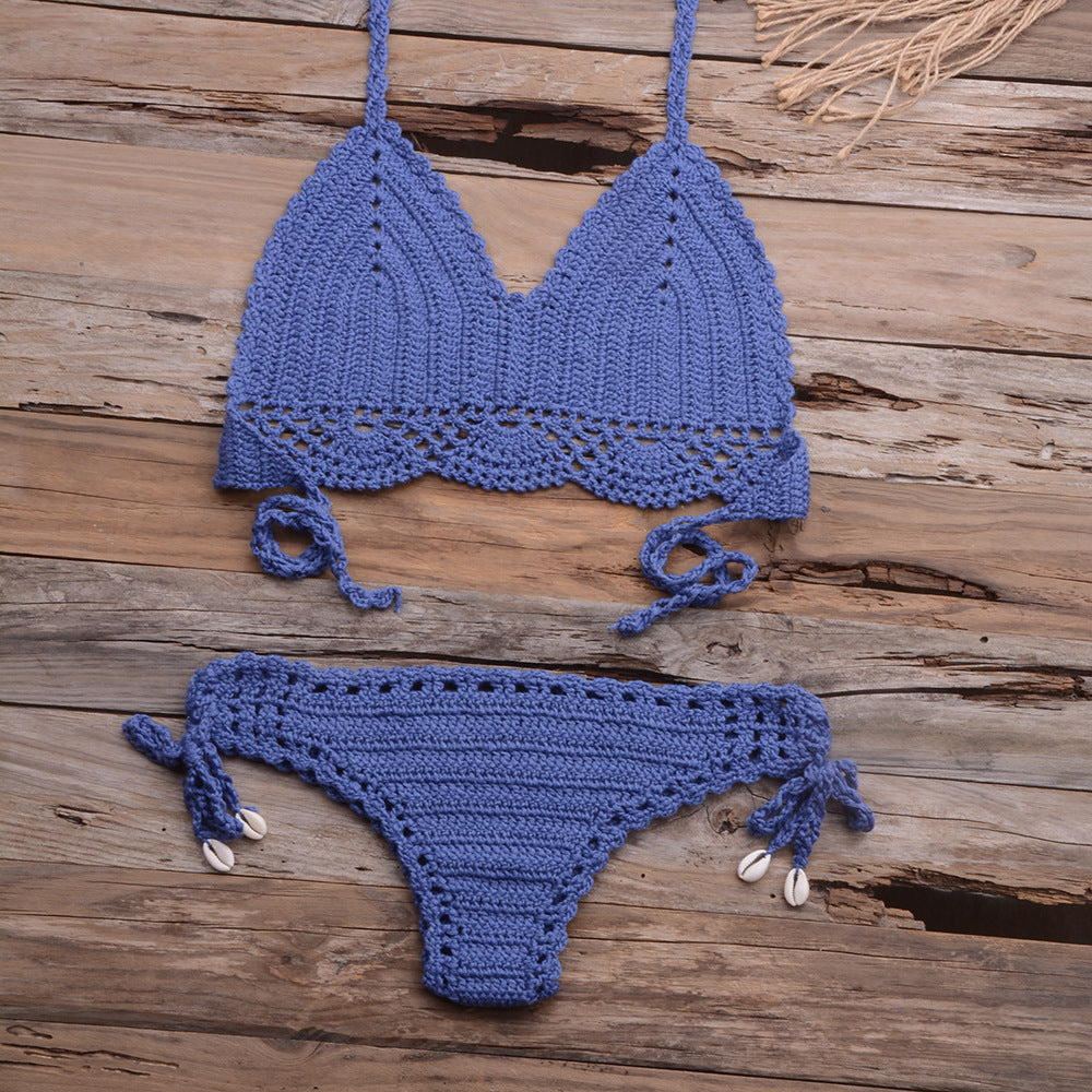 Beach Hollow-out Handmade Woven Split Strap Tank-Top Matching Shell Bikini Briefs