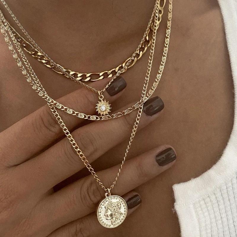 Mandotos Chunky Gold Layered Necklace With Coin Pendant And Sun Charm For Women