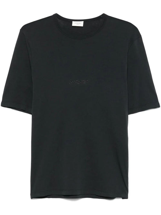 Saint Laurent Men Tonal Logo Embroidery Cotton T-Shirt