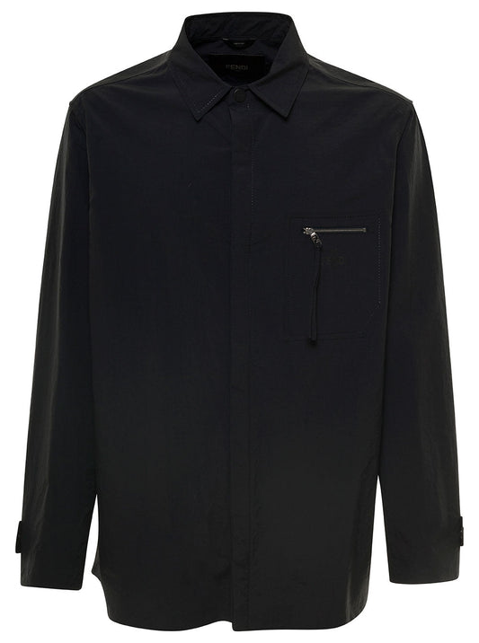 Fendi Men Blue Jacket With Patch Zipped Pocket And Logo In Nylon Man