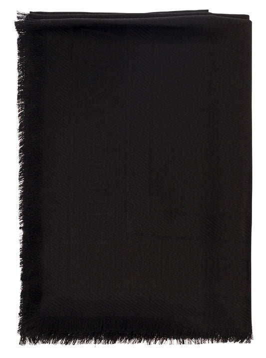 Saint Laurent Men Black Scarf With Jacquard Logo And Fringed Hem In Wool And Silk Man
