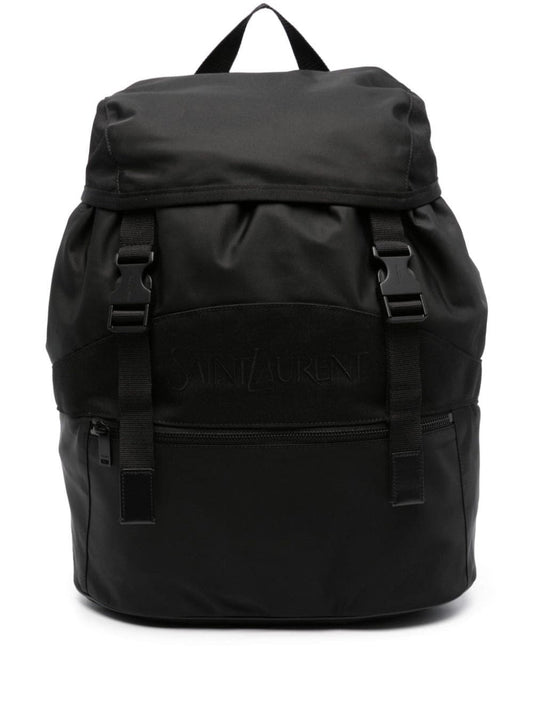 Saint Laurent Men Black Backpack With Tonal Logo Lettering Embroidery In Recycled Nylon Man