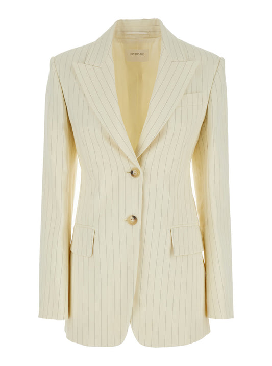 Sportmax Women Cream White Aversa Single-Breasted Striped Blazer In Ramie Woman