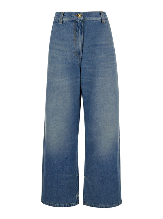 Palm Angels Women Light Blue High-Waisted Wide Jeans With Logo In Denim Woman