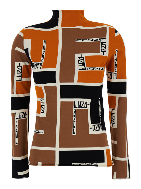 Fendi Women Orange Polo Neck Sweater In Viscose Blend Woman