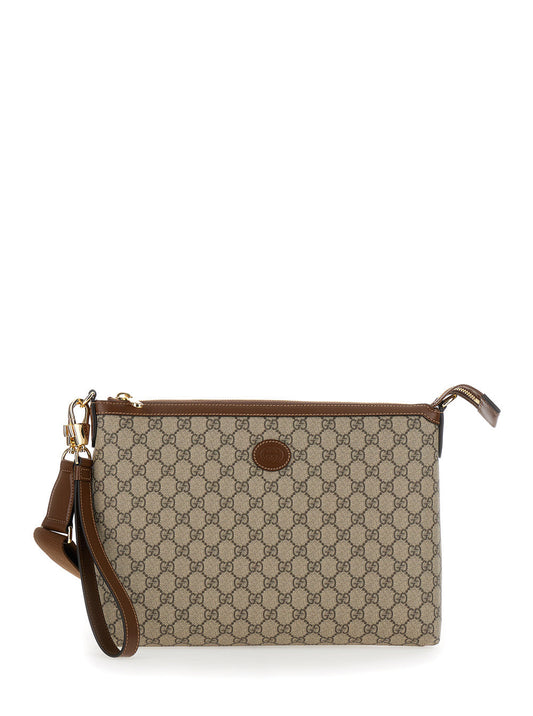 Gucci Men Beige And Ebony Pouch With Gg Patch In Gg Supreme Canvas Man