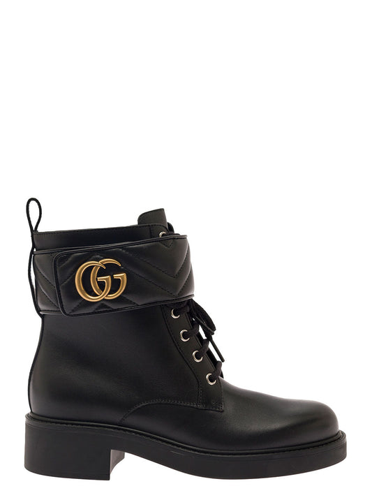 Gucci Women Black Ankle Boot With Double 'G' And Textured Hardware In Leather Woman