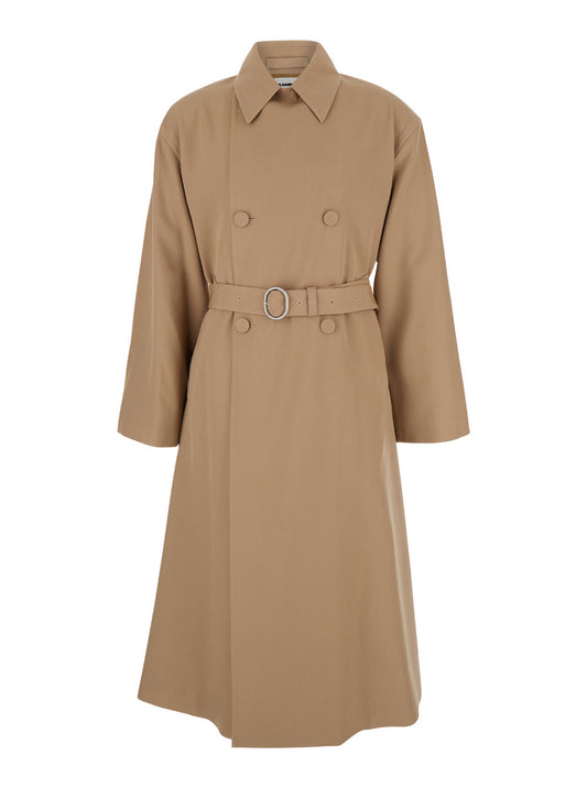 Jil Sander Men Beige Double Breasted Trench With Belt In Wool Man