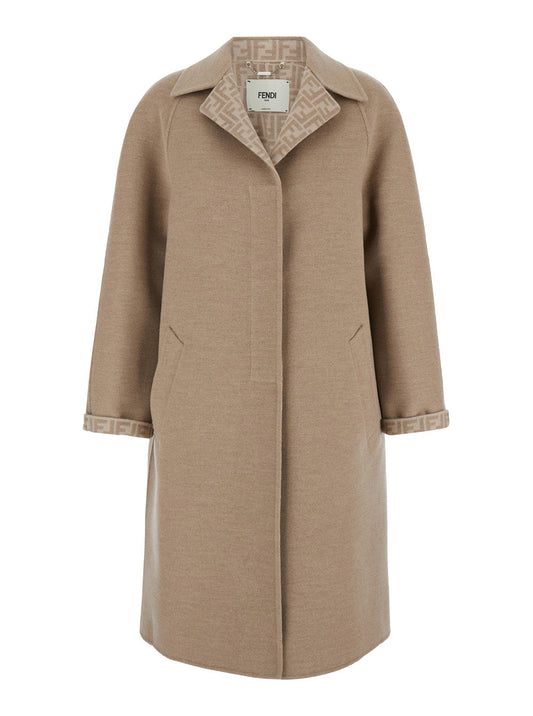 Fendi Women Beige Single-Breasted Reversible Coat In Wool Blend Woman