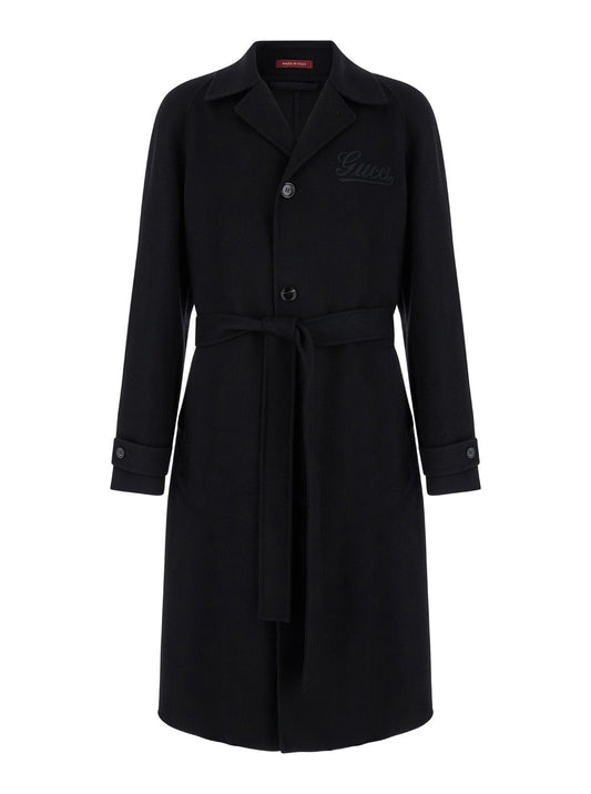 Gucci Men Black Single-Breasted Coat With Wide Notched Revers And Belt In Wool Man