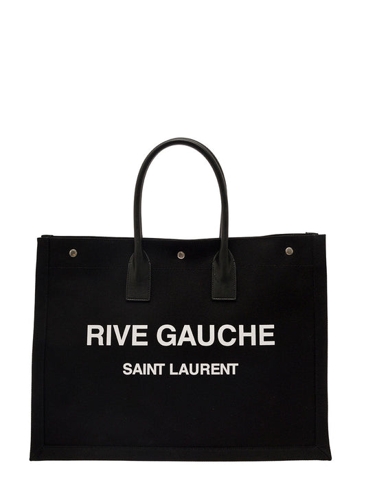 Saint Laurent Men 'Big Rive Gauche' Black Tote Bag With Contrasting Logo Print In Cotton Man
