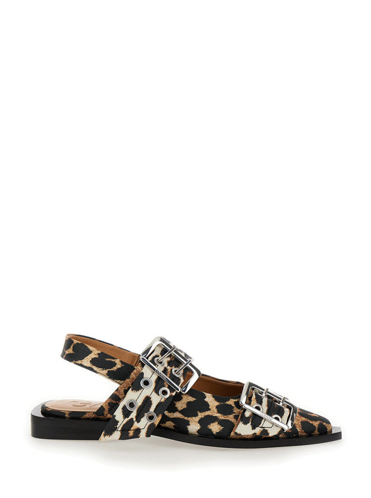 Ganni Women Multicolor Ballet Shoes With Double Buckle And All-Over Leopard Print In Tech Fabric Woman