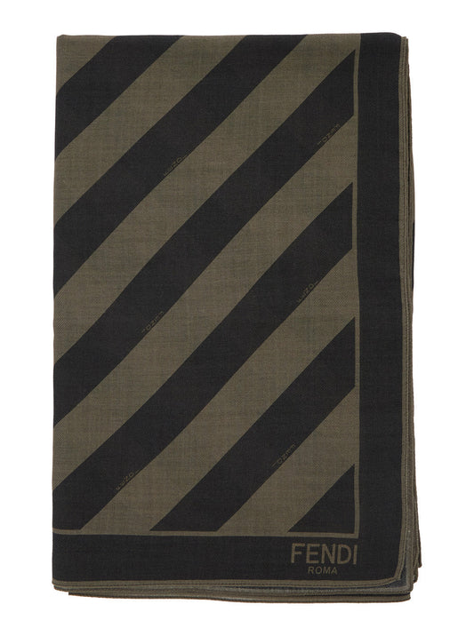 Fendi Men Beige Square Stole With All-Over Striped Motif And Logo Lettering On The Hem In Cotton And Silk Blend Man