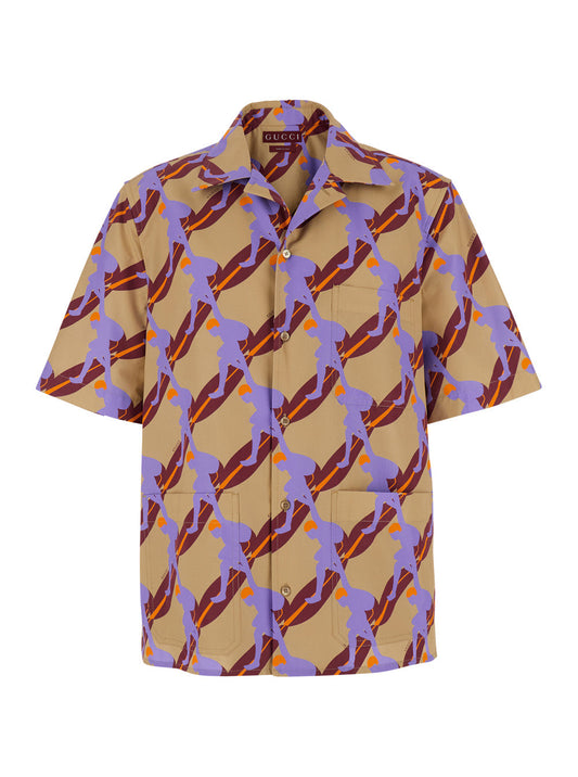 Gucci Men Multicolor Bowling Shirt With Cuban Collar And All-Over Print In Cotton Man