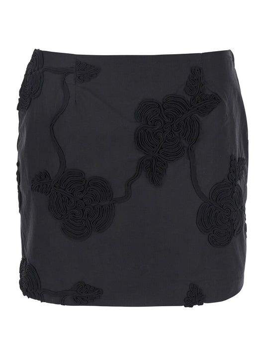 Rotate Women Black Mini Skirt With 3D Floral Details Applied All-Over In Cotton Woman