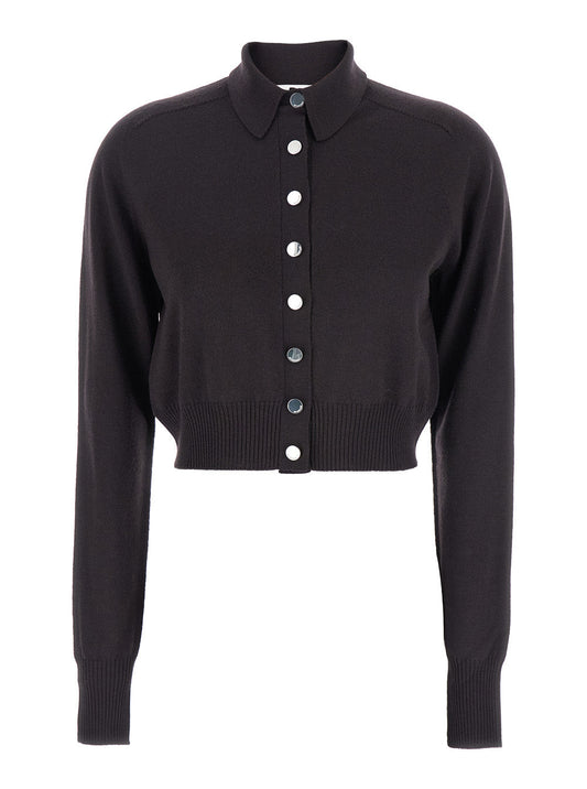 Sportmax Women 'Perseo' Black Cropped Cardigan With Button Down Collar And Ribbed Trims In Wool Woman