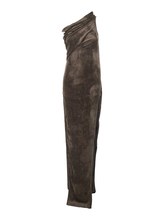 Rick Owens Women 'Athena Arrowhead' Brown Asymmetric Long Dress With Ruched Neckline And Side Single Slit In Viscose Blend Woman