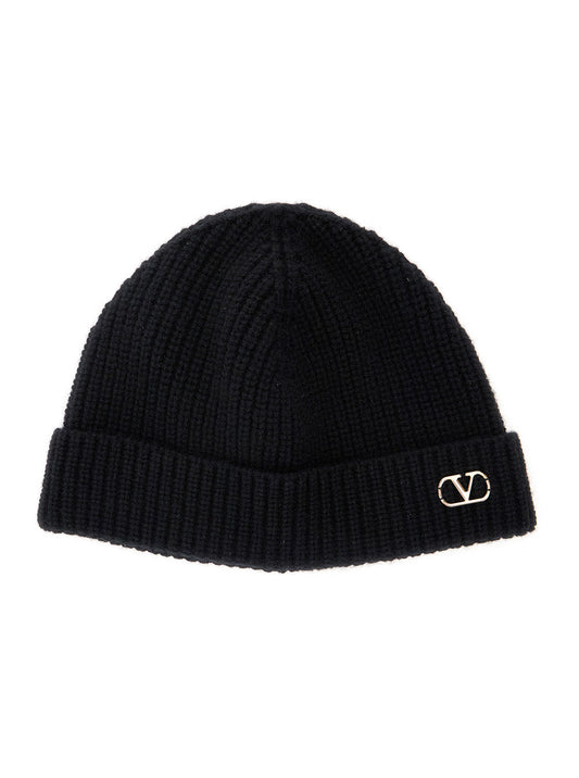 Valentino Garavani Men Black Knit Beanie With Vlogo On The Front In Cashmere Man