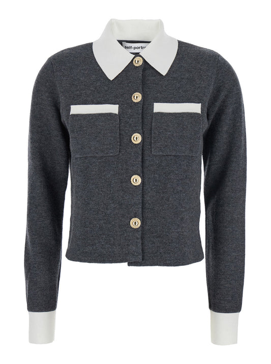 Self-Portrait Women Grey Cropped Cardigan With Contrasting Classic Collar And Two Front Patch Pockets In Wool Blend Woman