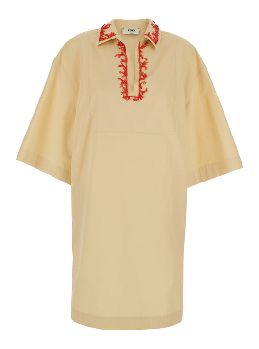 Fendi Women Beige Dress With Open Polo Shirt Style Collar And Embroidery On The Collar In Cotton Woman