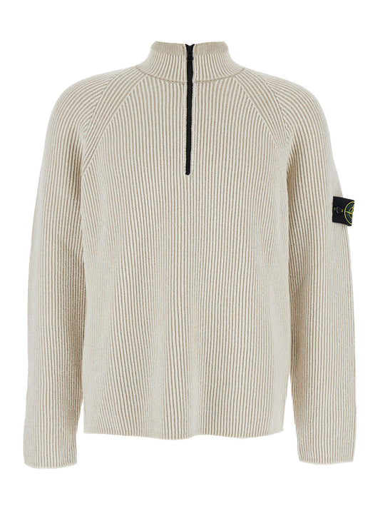 Stone Island Men White Sweater With Logo Patch On The Sleeve And Front Half Zip Closure In Wool Stretch Man