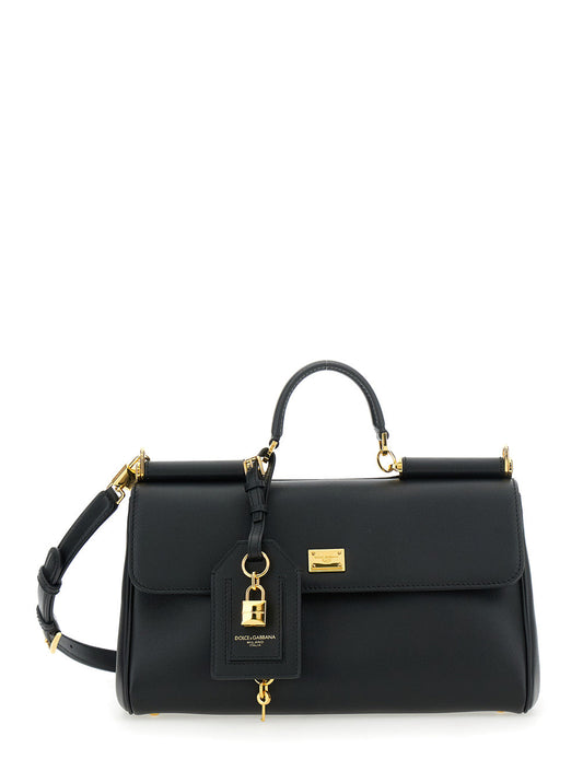 Dolce & Gabbana Women 'My Sicily' Black Medium Handbag With Lock Detail And Adjustable Removable Leather Shoulder Strap For Women