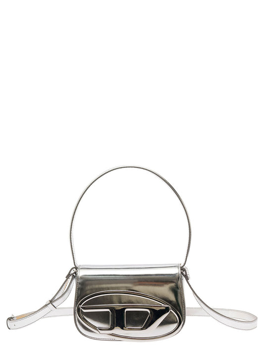 Diesel Women '1Dr' Silver Shoulder Bag  With Oval D Patch In Laminated Leather For Women