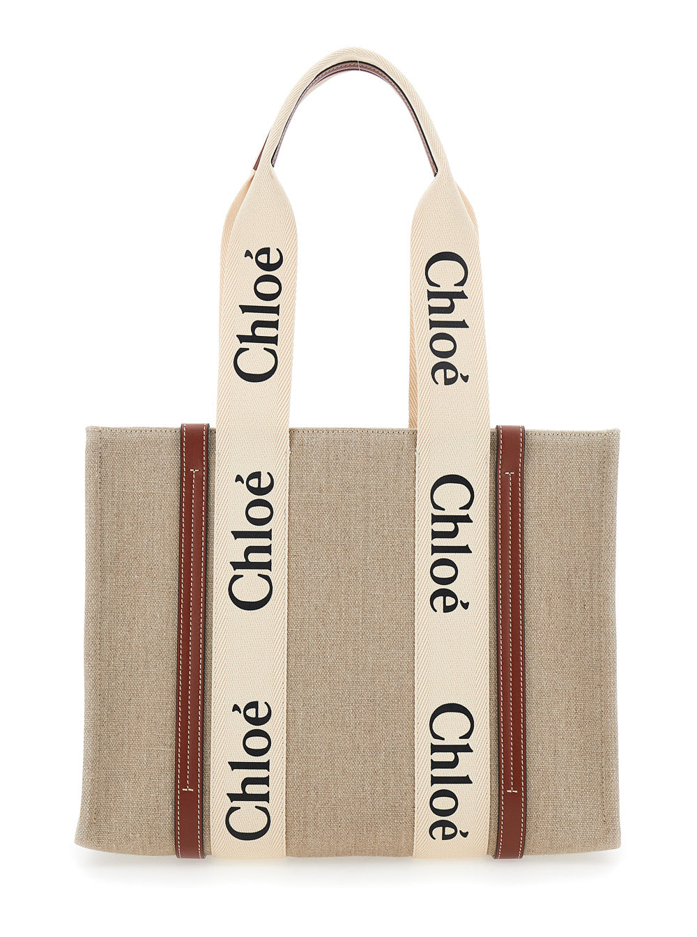 Chloé Women Handbag 'Woody' Medium With Logo Lettering On The Front In Beige Linen For Women